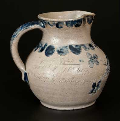 Extremely Important Putnam County, Indiana Stoneware Pitcher with Elaborate Incised Bird, 1844