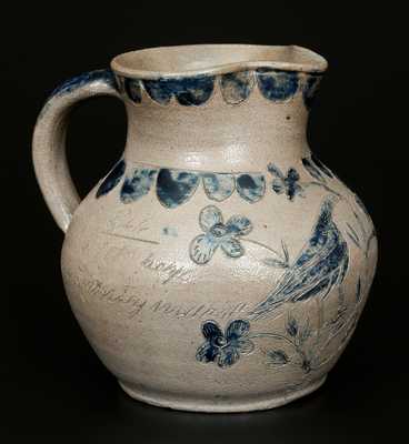 Extremely Important Putnam County, Indiana Stoneware Pitcher with Elaborate Incised Bird, 1844