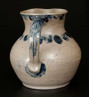 Extremely Important Putnam County, Indiana Stoneware Pitcher with Elaborate Incised Bird, 1844