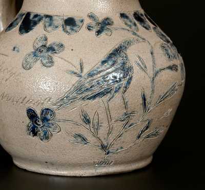 Extremely Important Putnam County, Indiana Stoneware Pitcher with Elaborate Incised Bird, 1844