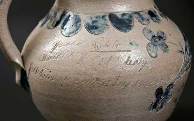 Extremely Important Putnam County, Indiana Stoneware Pitcher with Elaborate Incised Bird, 1844