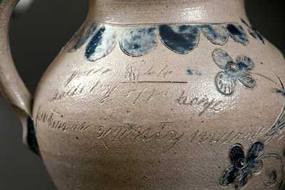 Extremely Important Putnam County, Indiana Stoneware Pitcher with Elaborate Incised Bird, 1844