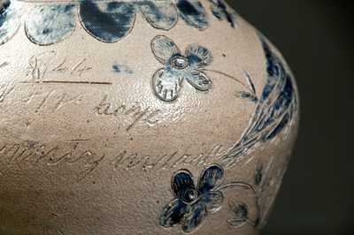 Extremely Important Putnam County, Indiana Stoneware Pitcher with Elaborate Incised Bird, 1844
