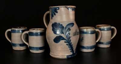 Exceptional Stoneware Presentation Pitcher and Four Mug Set, Richard Remmey, Philadelphia, PA, circa 1880