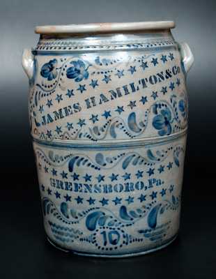 Exceptional JAMES HAMILTON & CO. / GREENSBORO, PA 10 Gal. Stoneware Crock w/ Profuse Decoration