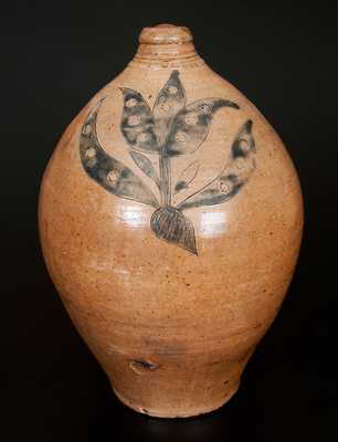 Exceptional Manhattan Stoneware Jug w/ Large Incised Tulip Decoration and Impressed Asterisk Accents, c1810