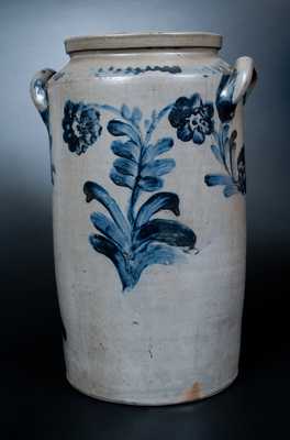 4 Gal. Henry Remmey, Philadelphia Stoneware Water Cooler w/ Profuse Cobalt Floral Decoration