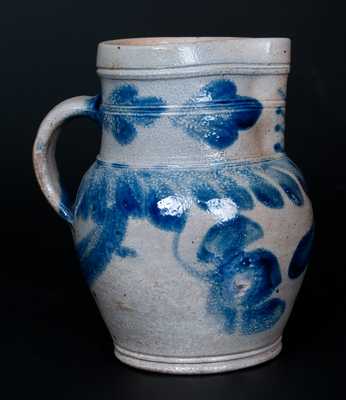 Small-Sized Southeastern PA Stoneware Pitcher with Cobalt Hanging Floral Decoration