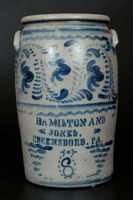 8 Gal. HAMILTON & JONES / GREENSBORO, PA Stoneware Crock w/ Profuse Brushed Cobalt Floral Decoration