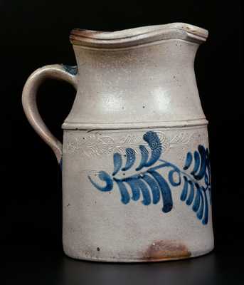 Extremely Rare Stoneware Pitcher w/ Coggled and Brushed Decoration att. Thompson Pottery, Morgantown, WV