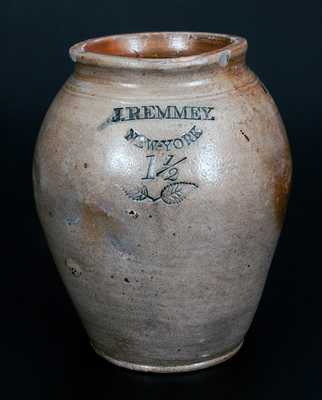 Extremely Rare J. REMMEY / NEW YORK Ovoid Stoneware Jar w/ Impressed Leaves