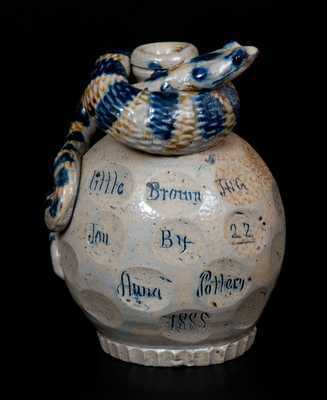 Very Rare Anna Pottery Salt-Glazed Stoneware Snake Jug, 1885