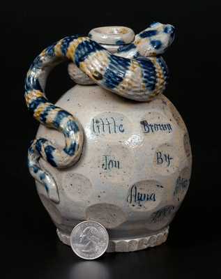 Very Rare Anna Pottery Salt-Glazed Stoneware Snake Jug, 1885