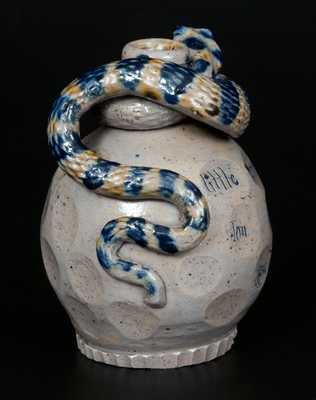 Very Rare Anna Pottery Salt-Glazed Stoneware Snake Jug, 1885