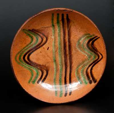 Dryville, PA Redware Plate with Green and Brown Slip Line Decoration