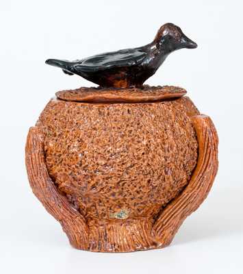 Redware Nest-Form Sugar Bowl with Bird Finial Lid, probably Mid-Atlantic origin