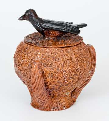 Redware Nest-Form Sugar Bowl with Bird Finial Lid, probably Mid-Atlantic origin
