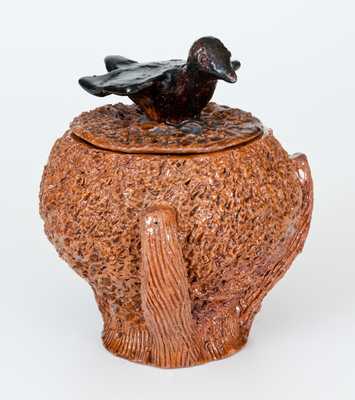 Redware Nest-Form Sugar Bowl with Bird Finial Lid, probably Mid-Atlantic origin