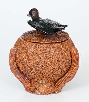 Redware Nest-Form Sugar Bowl with Bird Finial Lid, probably Mid-Atlantic origin