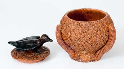 Redware Nest-Form Sugar Bowl with Bird Finial Lid, probably Mid-Atlantic origin