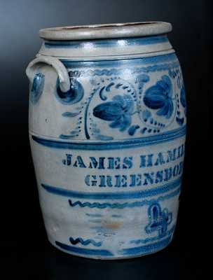 Four-Gallon JAMES HAMILTON & CO / GREENSBORO, Pa. Stoneware Jar w/ Elaborate Cobalt Freehand Decoration