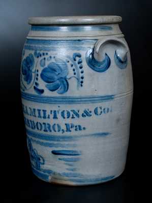 Four-Gallon JAMES HAMILTON & CO / GREENSBORO, Pa. Stoneware Jar w/ Elaborate Cobalt Freehand Decoration