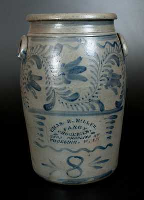8 Gal. Stoneware Crock with Wheeling, WV Advertising and Profuse Cobalt Freehand Decoration att. Greensboro, PA