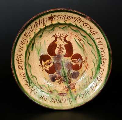 Exceptional Sgraffito Redware Dish w/ PA German Inscription, probably Bucks County, early 19th century