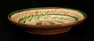 Exceptional Sgraffito Redware Dish w/ PA German Inscription, probably Bucks County, early 19th century