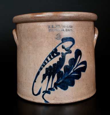 Three-Gallon F.B. NORTON & CO / WORCESTER, MASS. Stoneware Crock w/ Cobalt Parrot Decoration