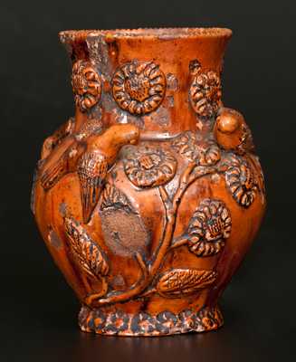Anthony W. Bacher / 1850 Redware Vase w/ Applied Birds and Flowers