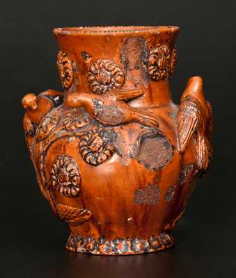 Rare Anthony W. Bacher / 1850 Redware Vase w/ Applied Birds and Flowers