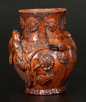 Rare Anthony W. Bacher / 1850 Redware Vase w/ Applied Birds and Flowers