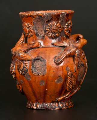 Rare Anthony W. Bacher / 1850 Redware Vase w/ Applied Birds and Flowers