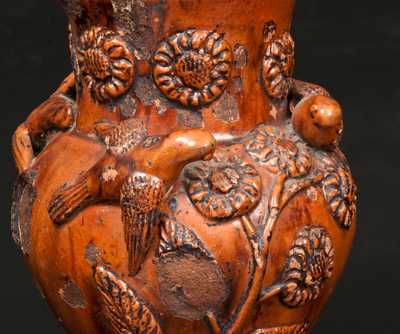 Rare Anthony W. Bacher / 1850 Redware Vase w/ Applied Birds and Flowers