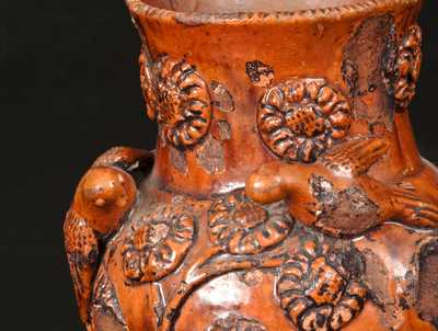 Rare Anthony W. Bacher / 1850 Redware Vase w/ Applied Birds and Flowers