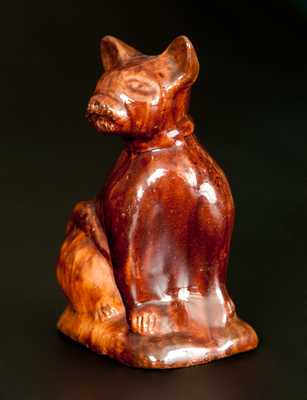 Very Rare Glazed Redware Cat Figure att. John Bell, Waynesboro, PA