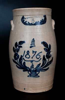 Six-Gallon Stoneware Churn with Flowering Urn Decoration, Dated 1876, Stamped
