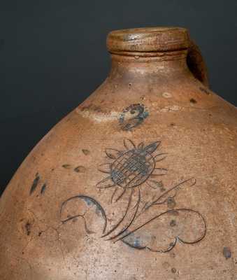 Unusual Three-Gallon Ohio Stoneware Jug with Incised Sunflower Decoration