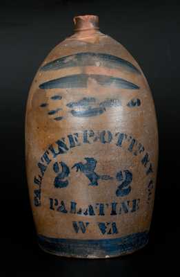 Scarce PALATINE POTTERY Co. / PALATINE / W VA Stoneware Jug w/ Cobalt Rearing Horse Designs