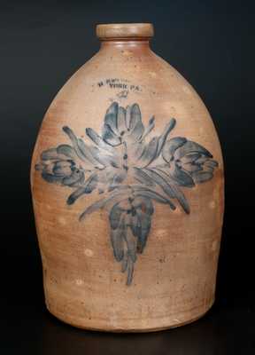 4 Gal. H. B. PFALTZGRAFF / YORK, PA Stoneware Jug with Cobalt Floral Decoration