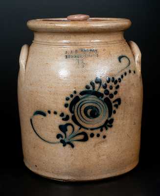 1 1/2 Gal. J. & E. NORTON / BENNINGTON, VT Stoneware Lidded Jar w/ Slip-Trailed Floral Decoration