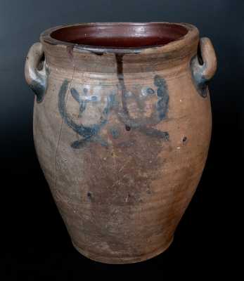 Two-Gallon Loop-Handled Stoneware Jar with Cobalt Decoration