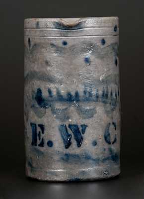 Unusual Decorated Western PA Stoneware Pitcher with Stenciled Initials E. W. C.