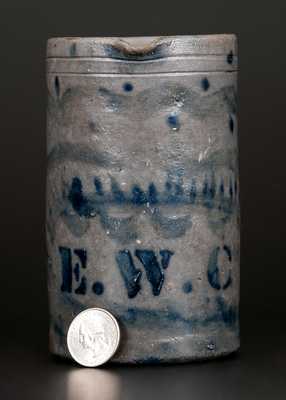 Unusual Decorated Western PA Stoneware Pitcher with Stenciled Initials E. W. C.