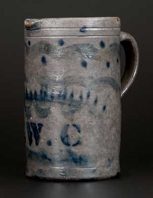 Unusual Decorated Western PA Stoneware Pitcher with Stenciled Initials E. W. C.