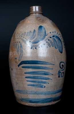 2 Gal. Western PA Stoneware Jug with Freehand Vine and Stripe Decoration