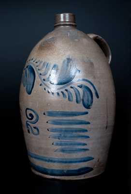 2 Gal. Western PA Stoneware Jug with Freehand Vine and Stripe Decoration