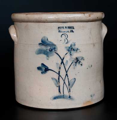 3 Gal. EVAN R. JONES / PITTSTON, PA Stoneware Crock w/ Slip-Trailed Floral Decoration