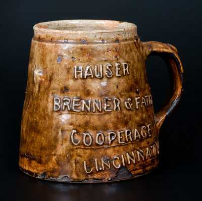 Rare Rustic Redware Mug Advertising Cincinnati, OH, HAUSER, BRENNER & FATH Cooperage Works